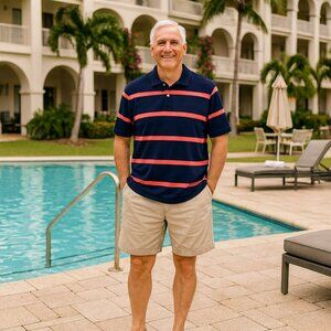 LL Bean Traditional Fit Blue Rose Striped Short Sleeve Y2K Golf Polo Shirt Men L